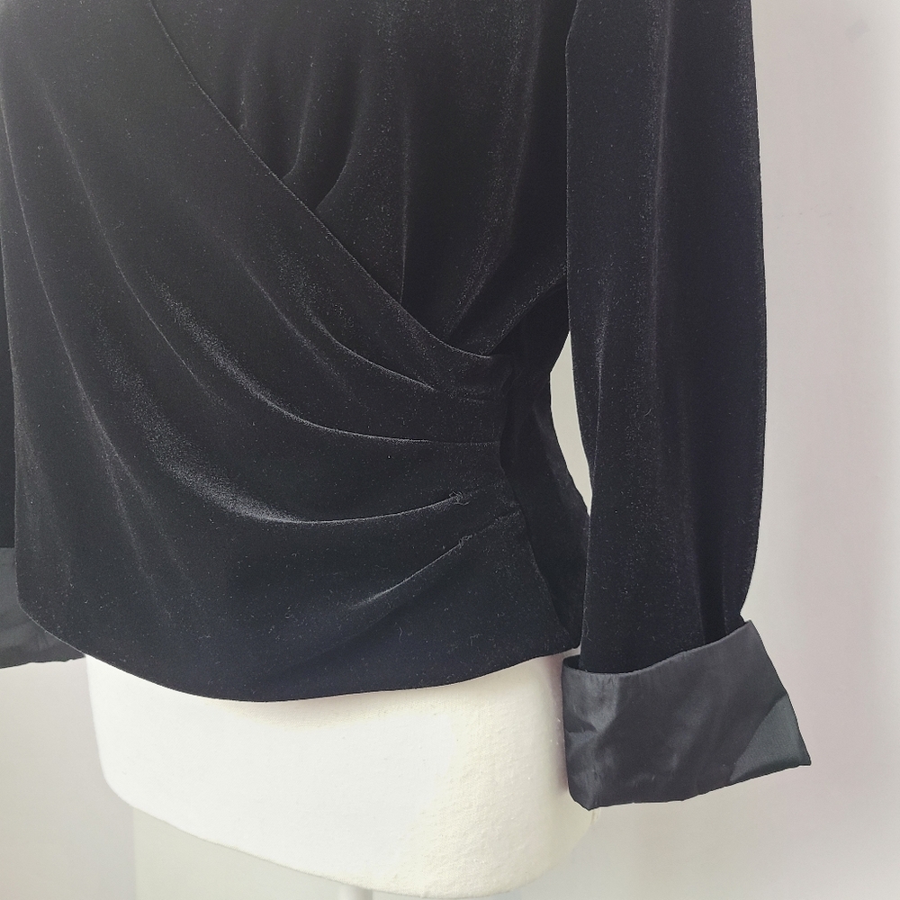 Talbots Petites Black Faux Wrap Velour Blouse Women’s Size 10P 3/4 Sleeve - Picture 3 of 8